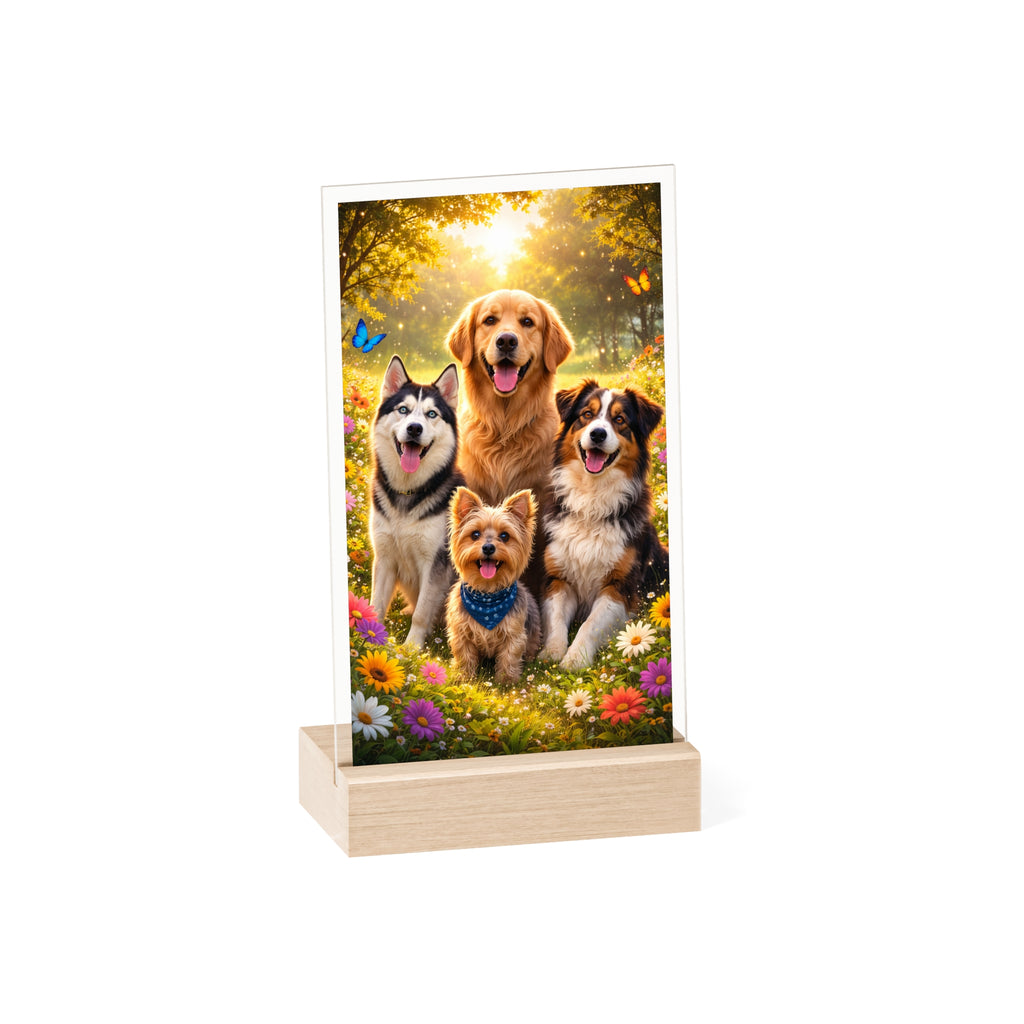 Dog Family Acrylic Photo Sign with Wooden Stand — Decorative Pet Portrait Display