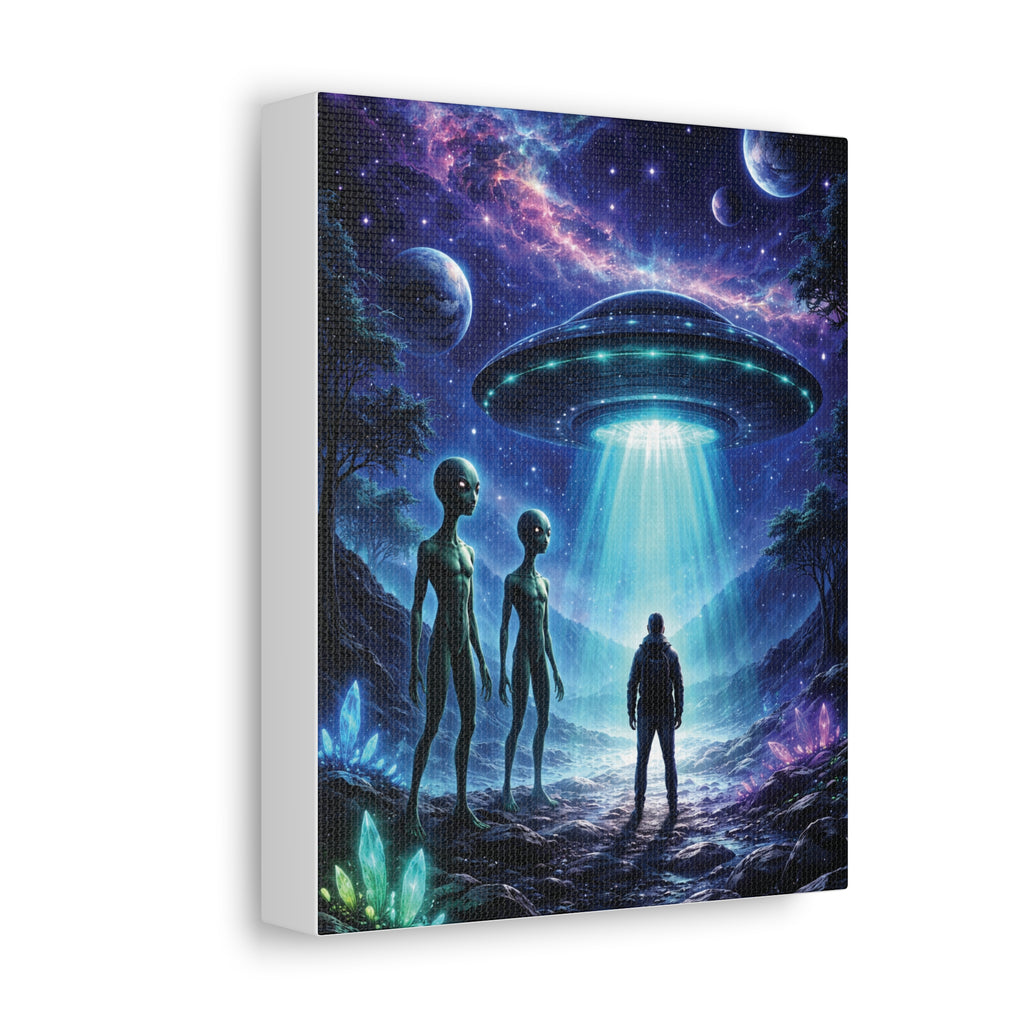 Alien Encounter Stretched Canvas Wall Art — UFO Abduction Sci‑Fi Poster