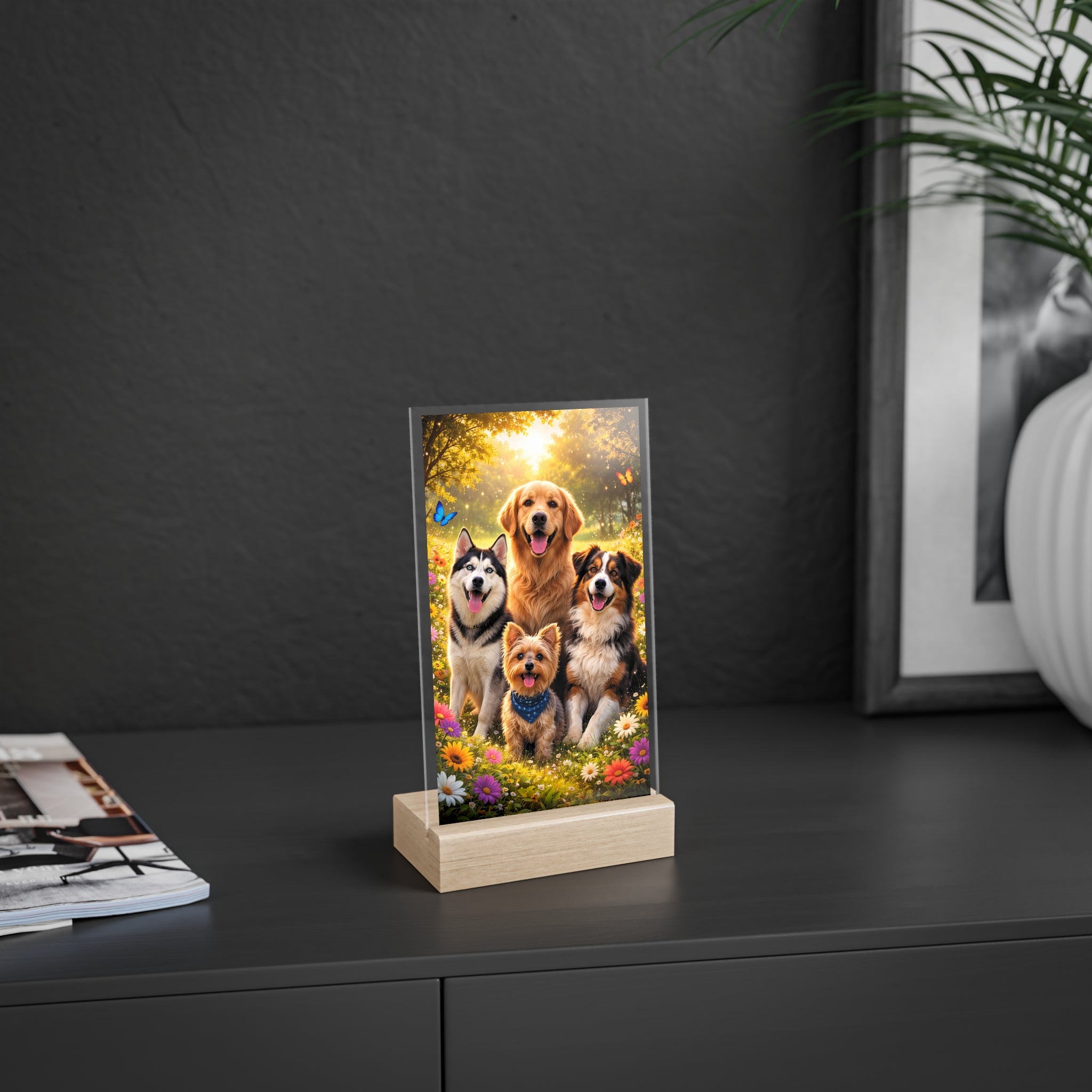 Dog Family Acrylic Photo Sign with Wooden Stand — Decorative Pet Portrait Display