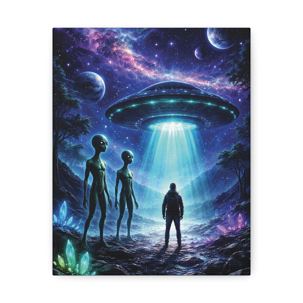 Alien Encounter Stretched Canvas Wall Art — UFO Abduction Sci‑Fi Poster