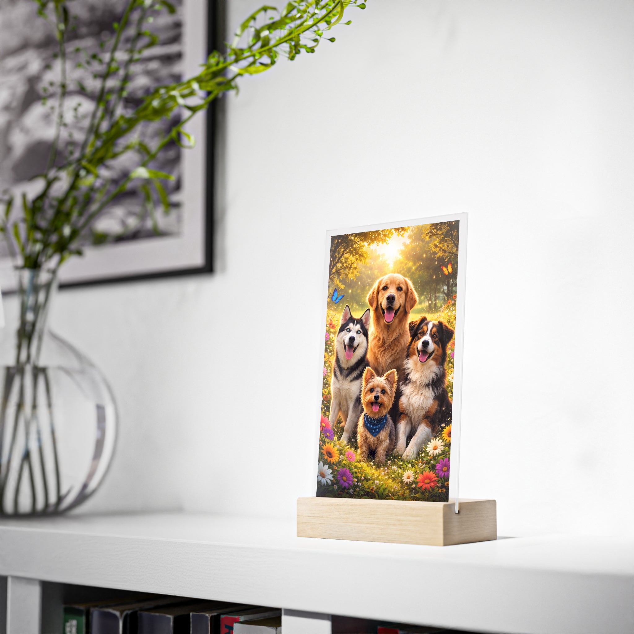 Dog Family Acrylic Photo Sign with Wooden Stand — Decorative Pet Portrait Display